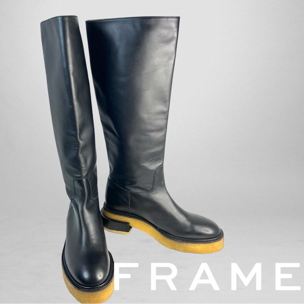 Frame Denim Black Leather Over-the-Knee Boots with Tan Crepe Sole